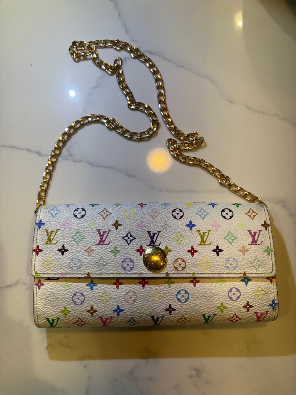 Louis Vuitton White Multicolor Monogram Chain Wallet